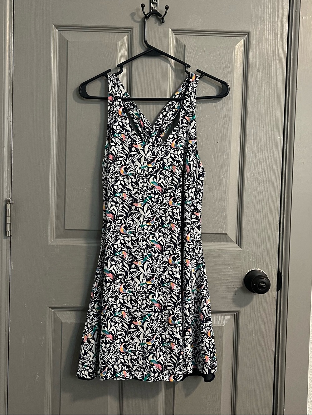 LOFT Navy Mini Dress Pink Teal Floral Leaf Bird Print Summer Travel Cross Back